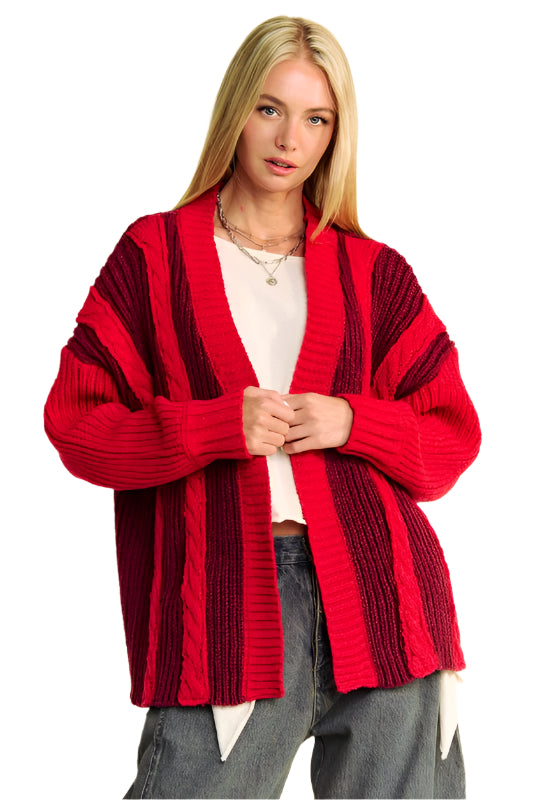 TEEK - Burgundy Cable-Knit Color Block Open Front Cardigan SWEATER TEEK Trend S