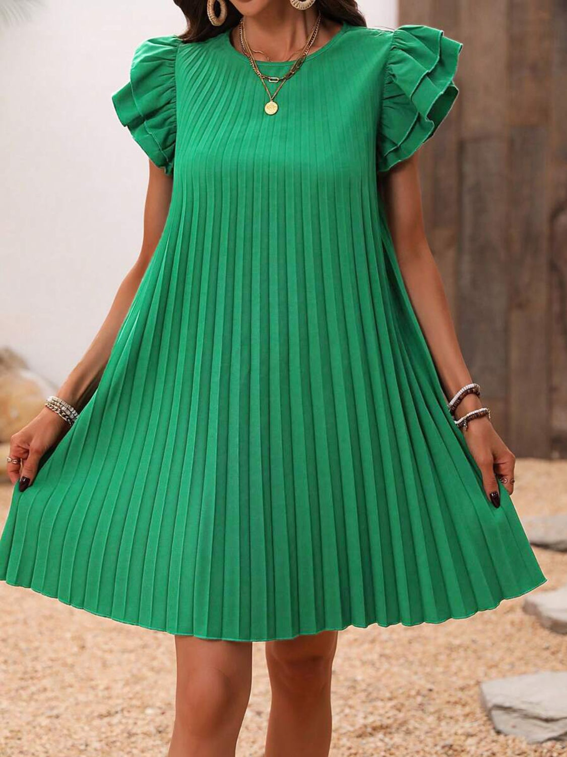 TEEK - Dark Green Pleated Round Neck Cap Sleeve Dress DRESS TEEK Trend   