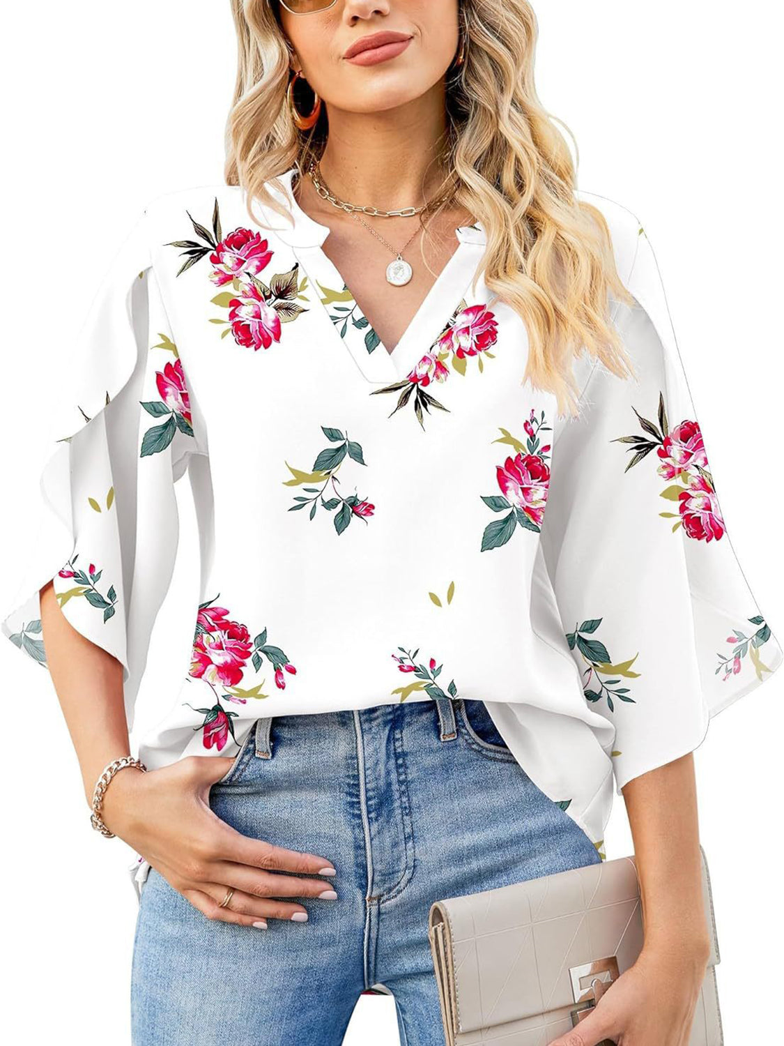 TEEK - Printed Notched Widened Half Sleeve Blouse TOPS TEEK Trend   