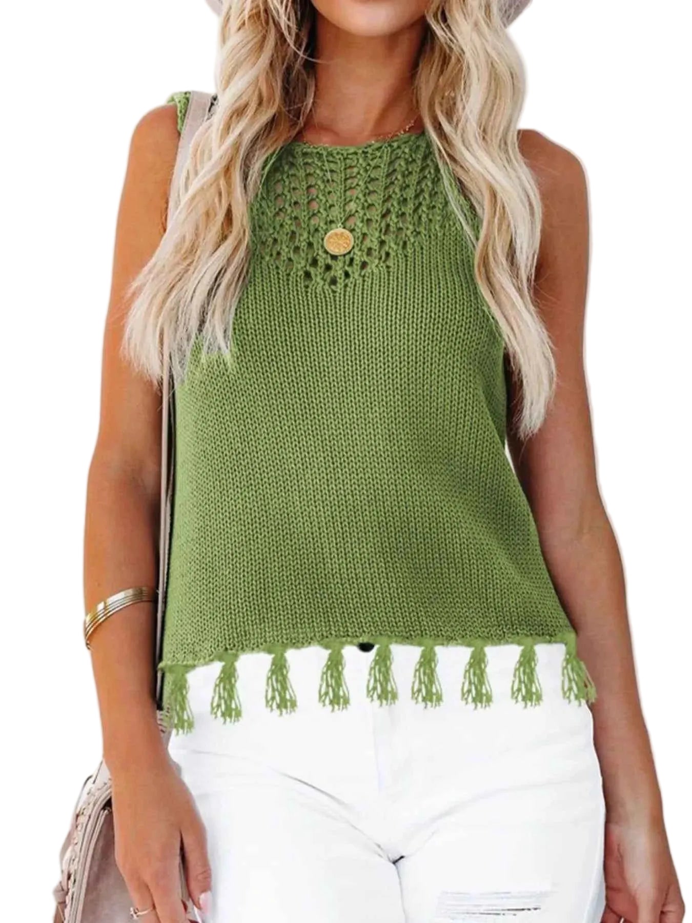 Tassel Knit Tank Trendsi Green S