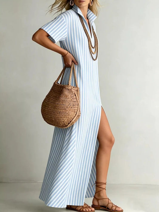 Striped High Slit Maxi Shirt Dress Trendsi