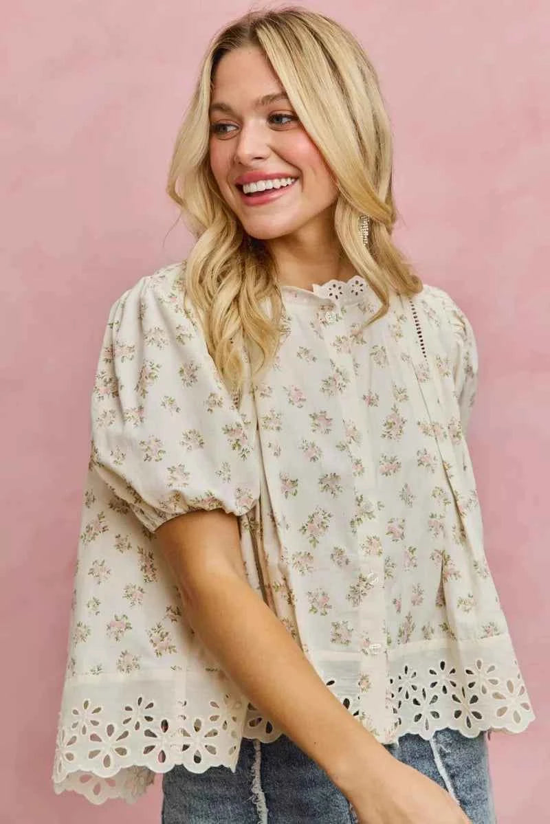 TEEK - Floral Print Lace Trim Short Sleeves Blouse TOPS TEEK Trend