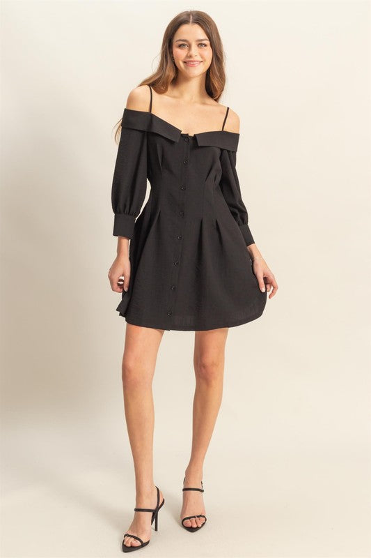 TEEK - Black Button Down Spaghetti Strap Pocketed Mini Dress DRESS TEEK Trend