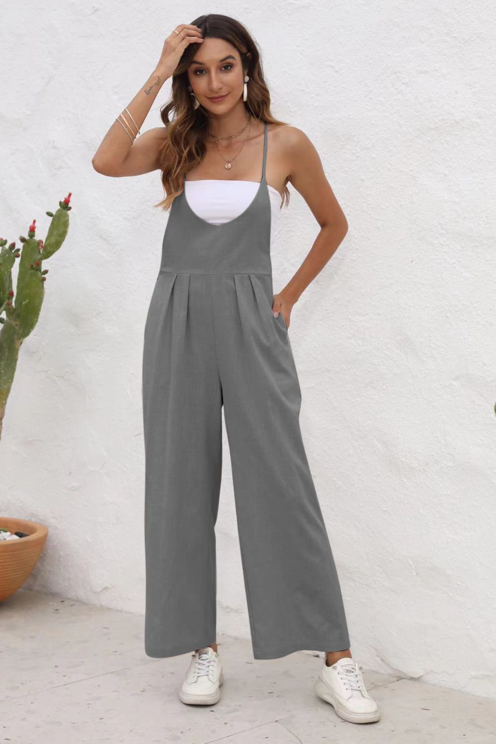 TEEK - Tie Back Sleeveless Wide Leg Jumpsuit JUMPSUIT TEEK Trend Charcoal S 