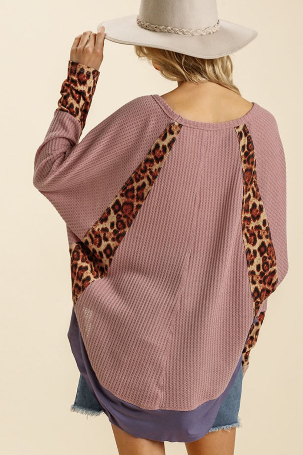 TEEK - Dusty Pink Leopard High-Low Dolman Sleeve Waffle Knit Top TOPS TEEK Trend