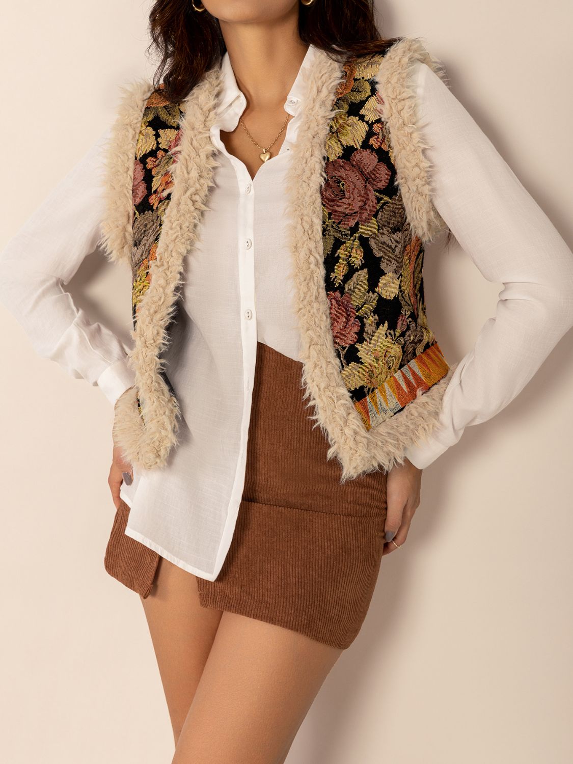 Embroidered Fuzzy Trim Open Front Vest Coat TEEK Trend