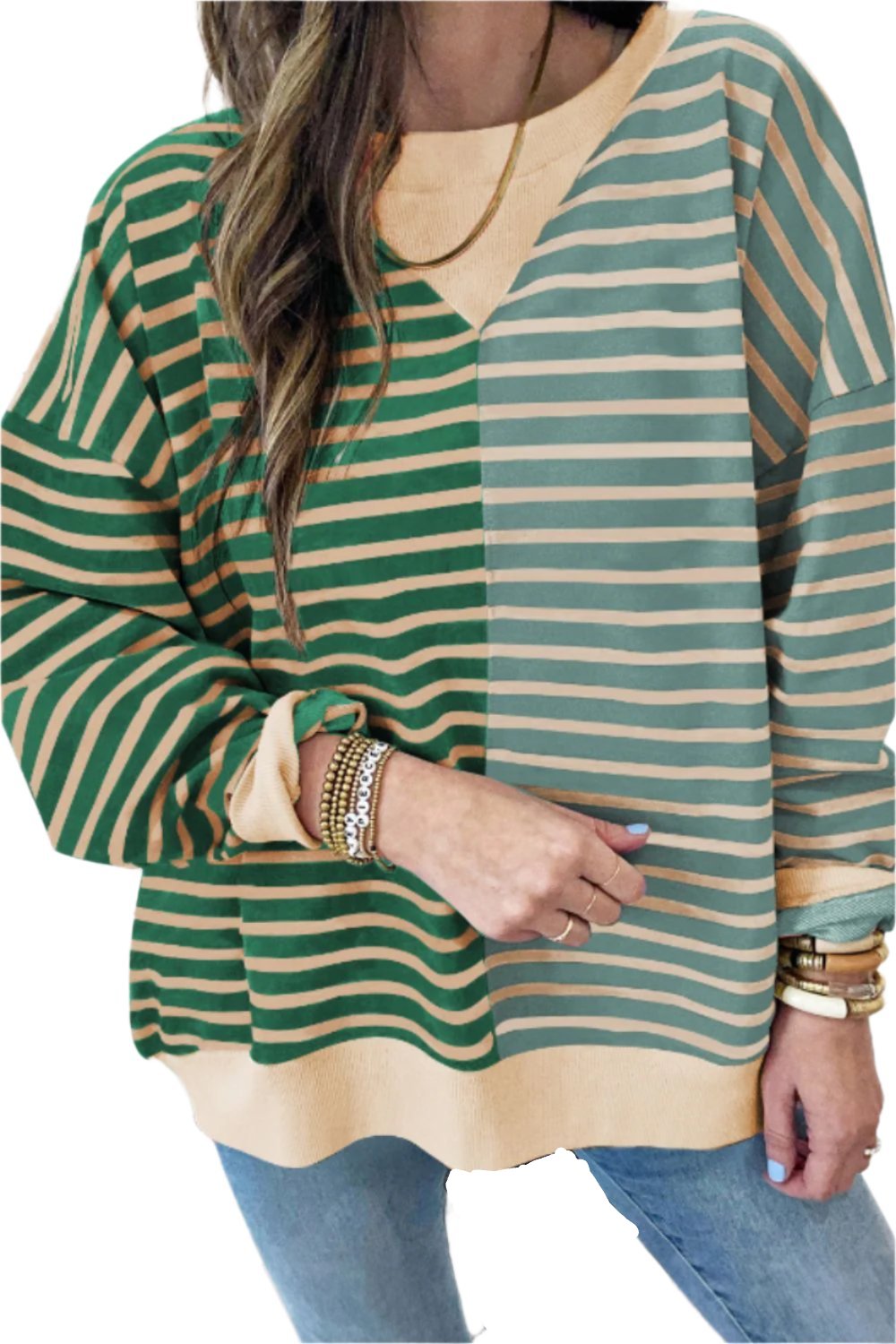 TEEK - Contrast Striped Round Neck Long Sleeve Sweatshirt SWEATER TEEK Trend