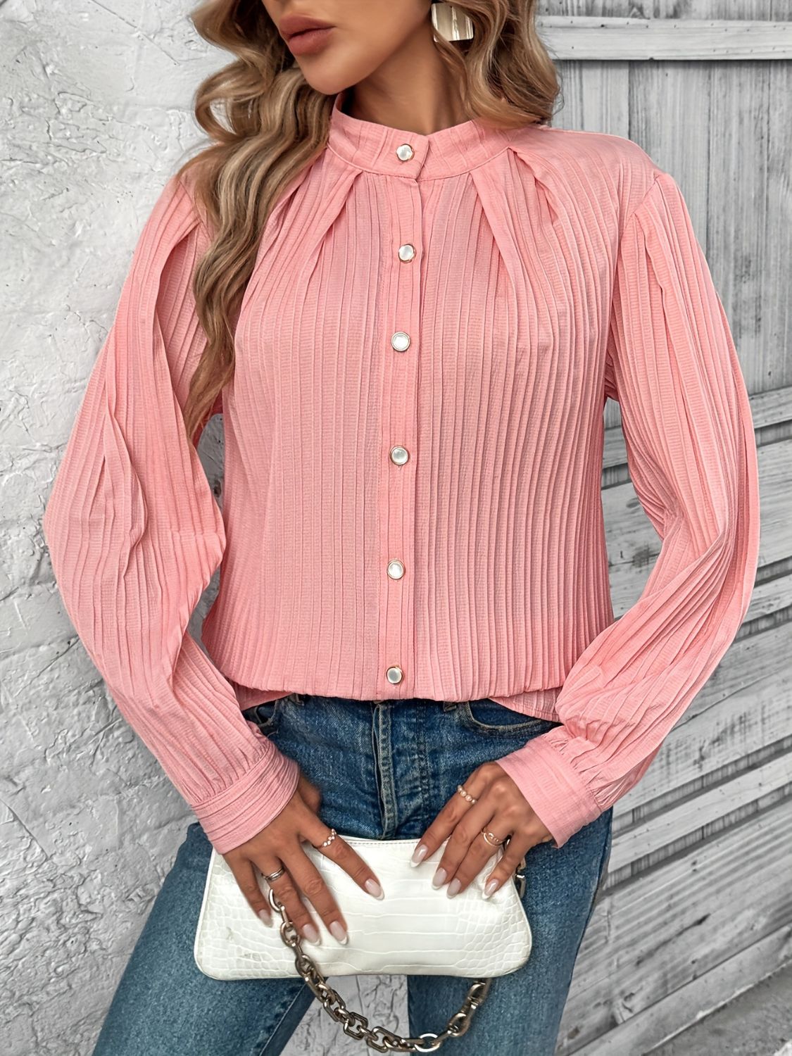 TEEK - Coral Button Down Mock Neck Long Sleeve Shirt TOPS TEEK Trend