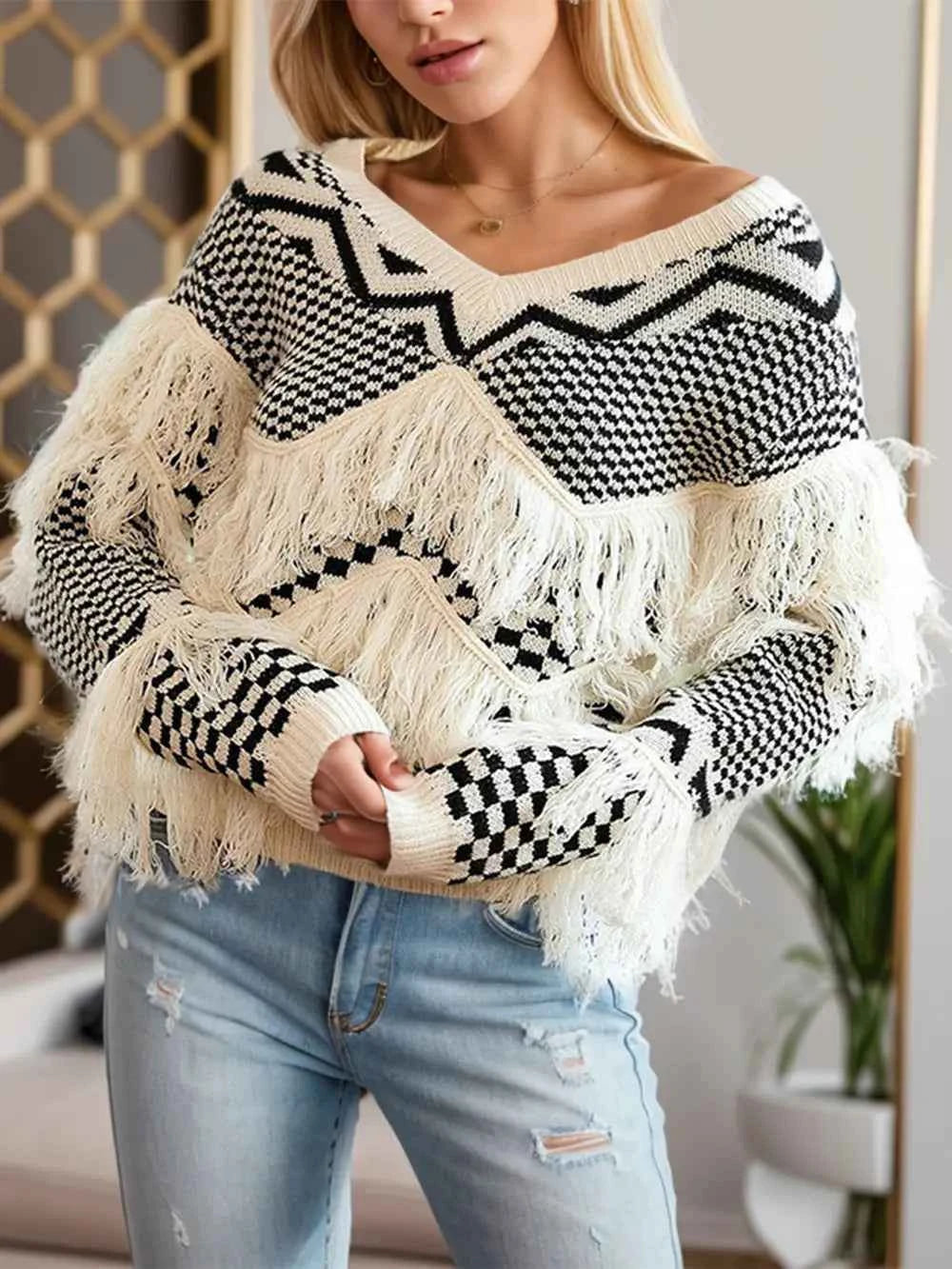 TEEK - Geometric Fringe Detail V-Neck Sweater TOPS TEEK Trend