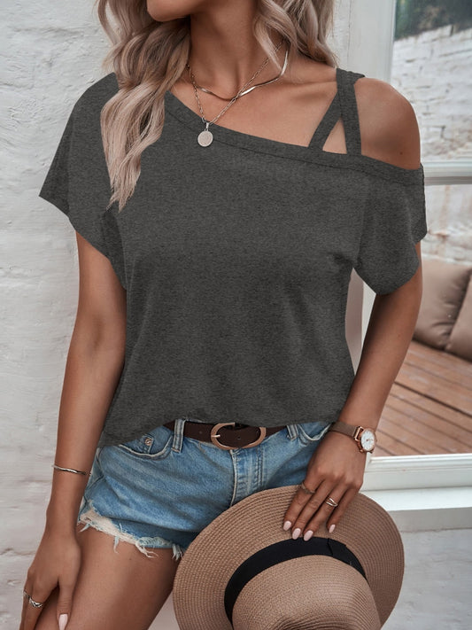 Asymmetrical Neck Short Sleeve T-Shirt  TEEK Trend Charcoal S 
