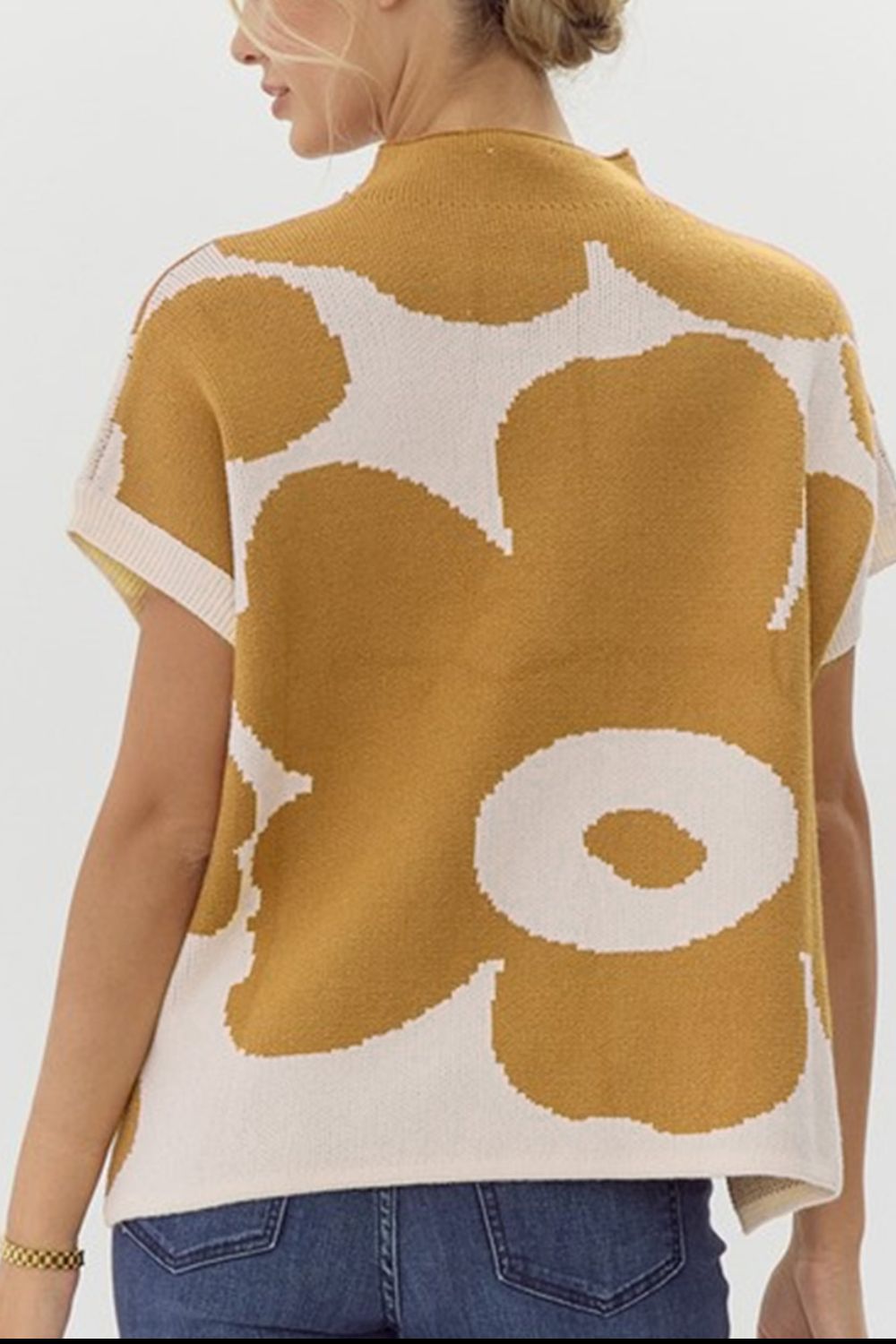 TEEK - Mustard Contrast Flower Mock Neck Short Sleeve Sweater TOPS TEEK Trend