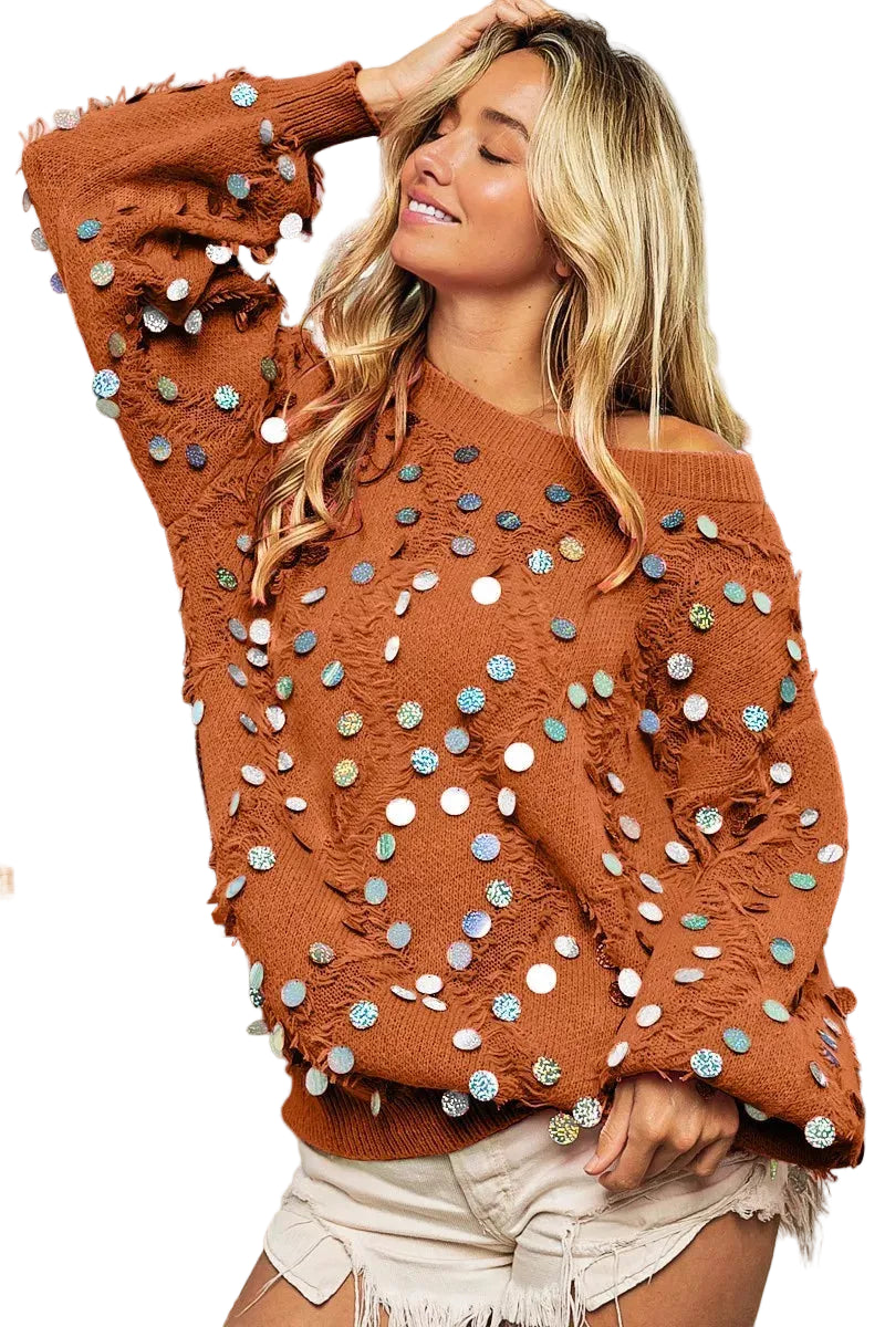 BiBi Distressed Effect Bishop Sleeve Spangled Sweater Trendsi RUST S