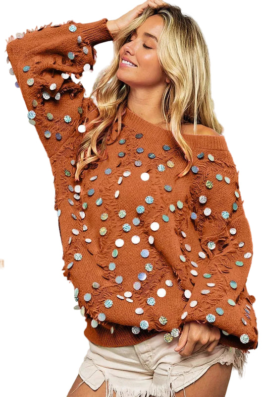 TEEK - Distressed Effect Bishop Sleeve Spangled Sweater TOPS TEEK Trend RUST S