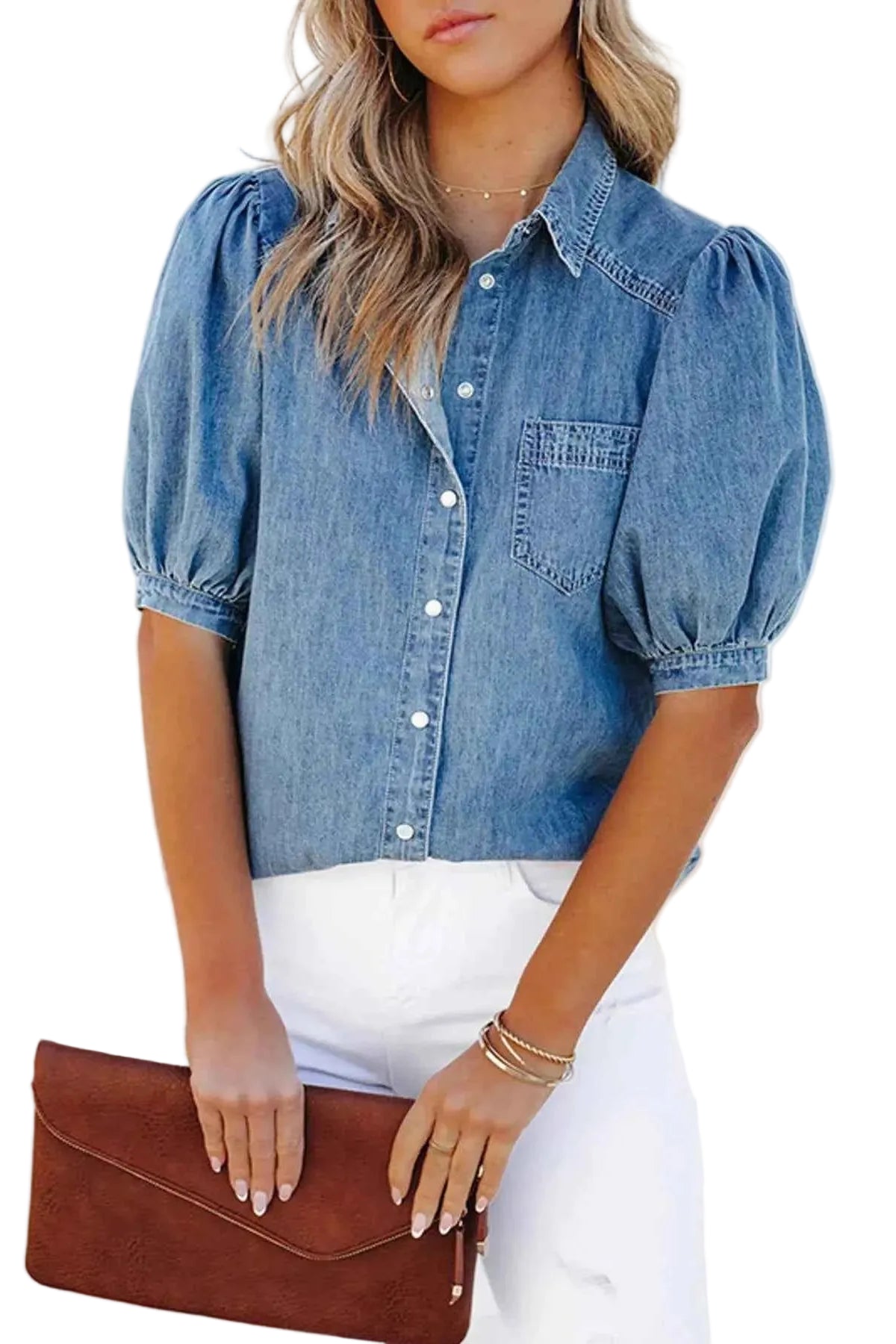 Puff Sleeve Button-Down Denim Top Trendsi Light Blue S