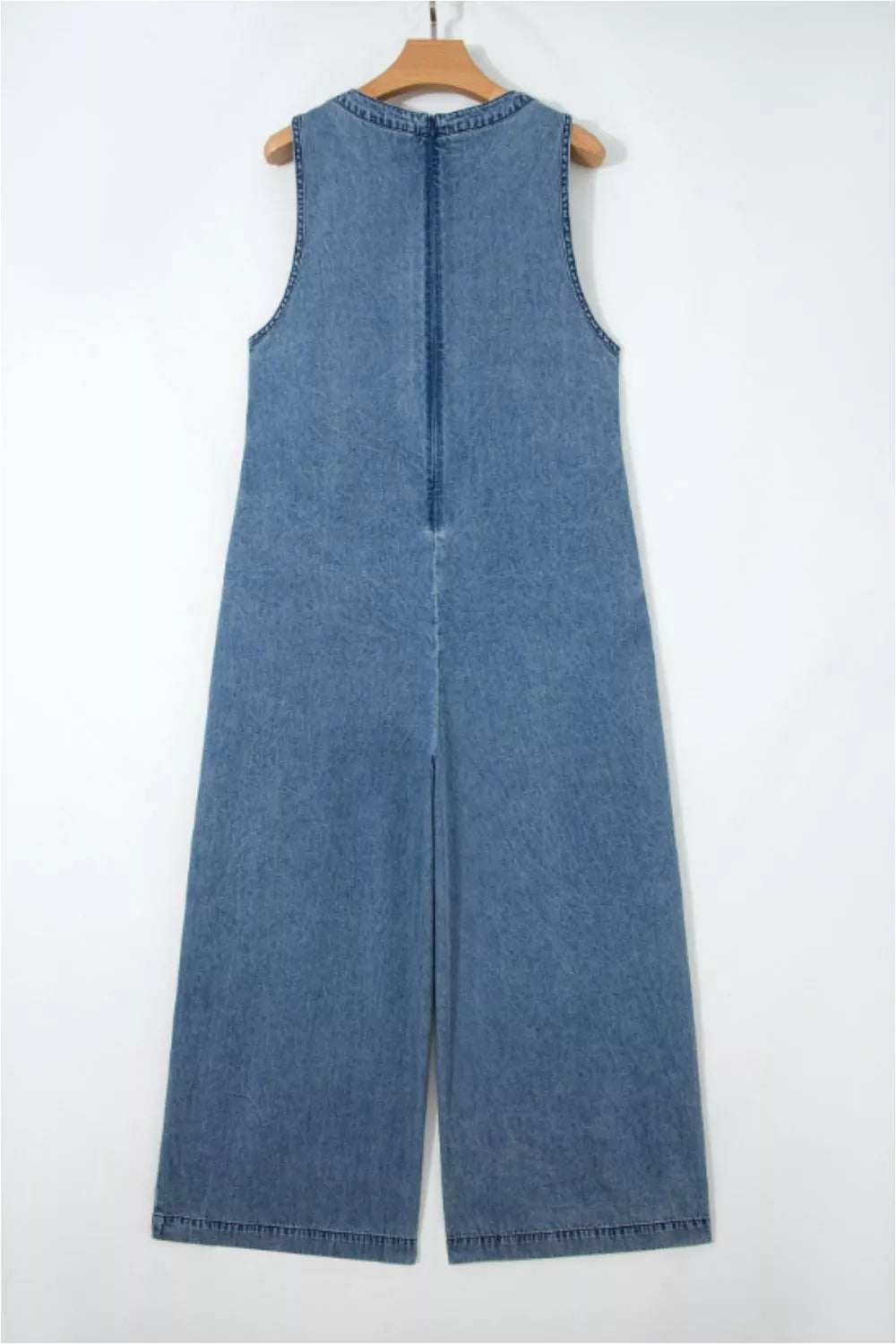 Acid Wash Pintuck Tie V Neck Denim Wide Leg Jumpsuit Trendsi