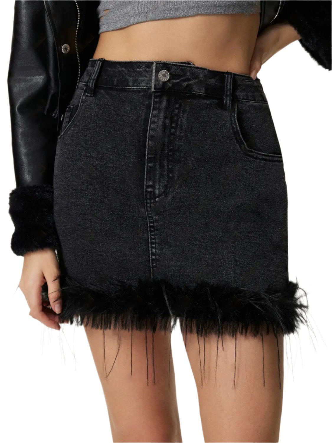 TEEK - Black Plush Hem Mini Denim Skirt TEEK Trend XS