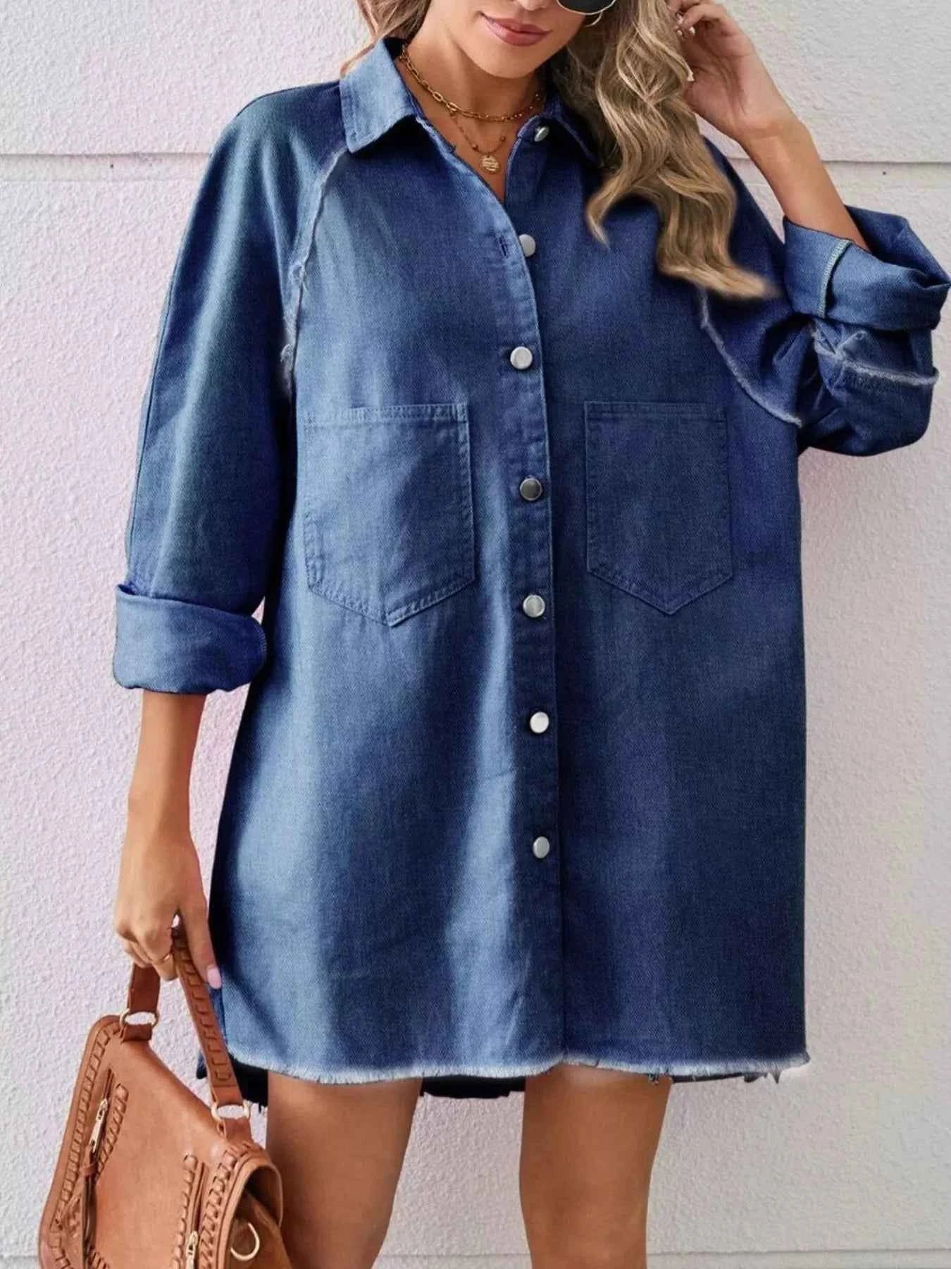 TEEK - Button-Down Raw Hem Denim Dress DRESS TEEK Trend