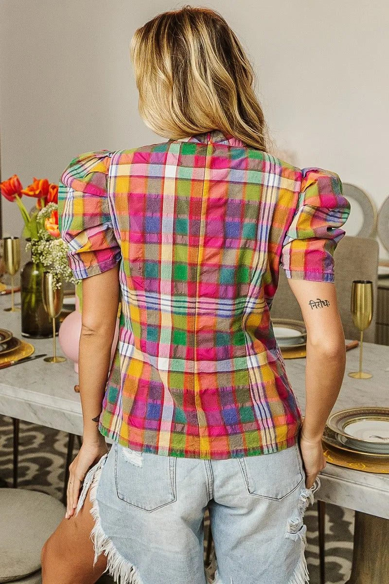 TEEK - Stained Glass Short Puff Sleeve Washed Vintage Plaid Top TOPS TEEK Trend