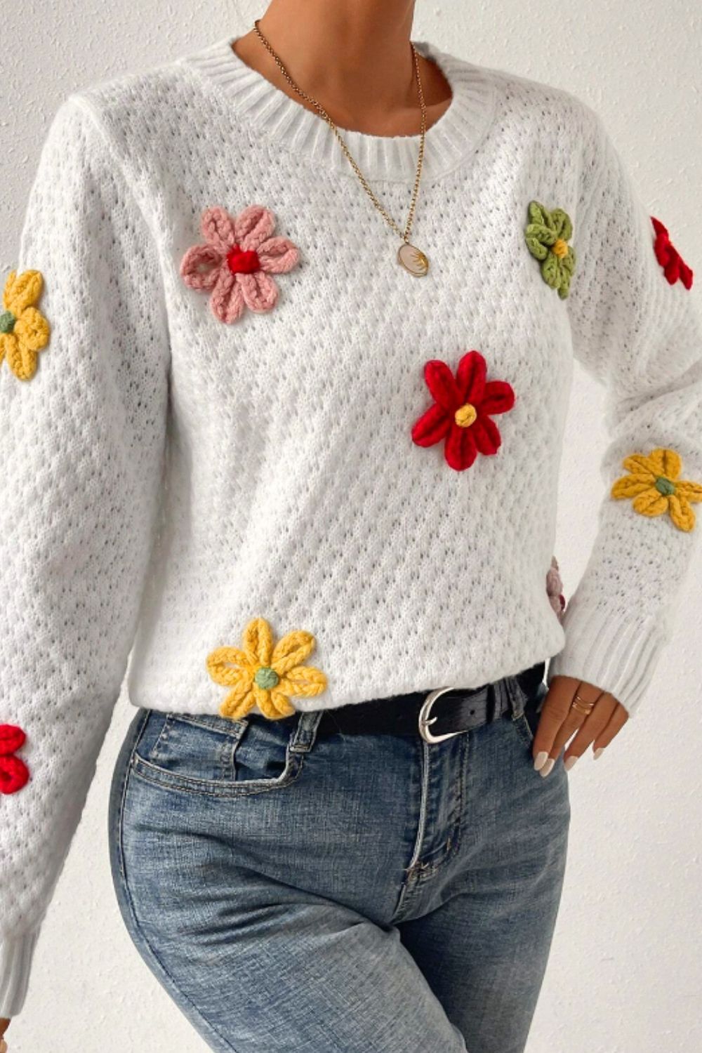 TEEK - White Crochet Flower Round Neck Long Sleeve Sweater TOPS TEEK Trend