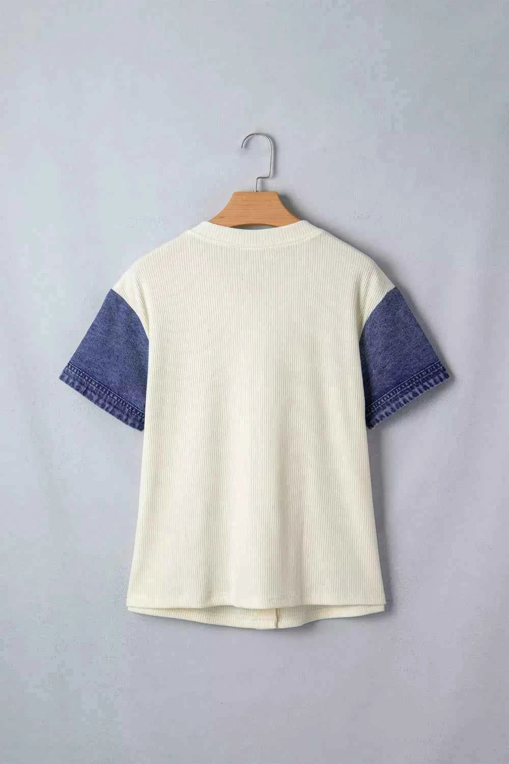 Ribbed Knit Button-Down Shirt with Denim Sleeves Trendsi