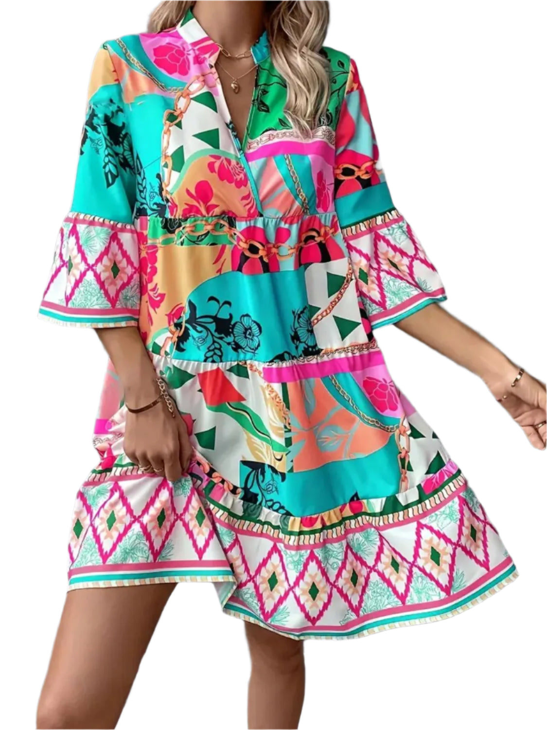 TEEK - Printed Notched 3/4 Sleeve Tiered Dress DRESS TEEK Trend Pastel Blue S