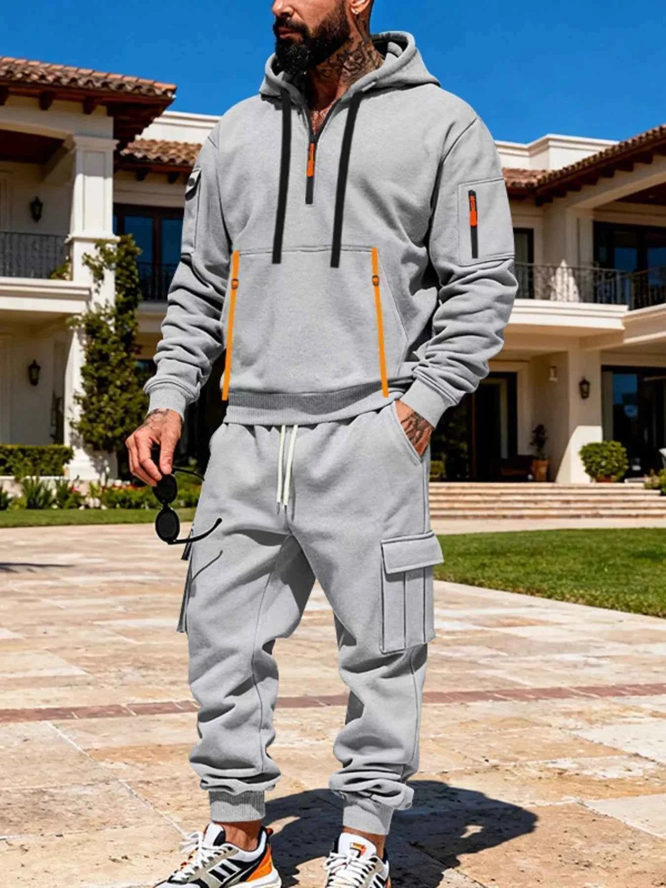 TEEK - Mens Full Size Half Zip Hoodie and Cargo Pants Set SET TEEK Trend Light Gray S