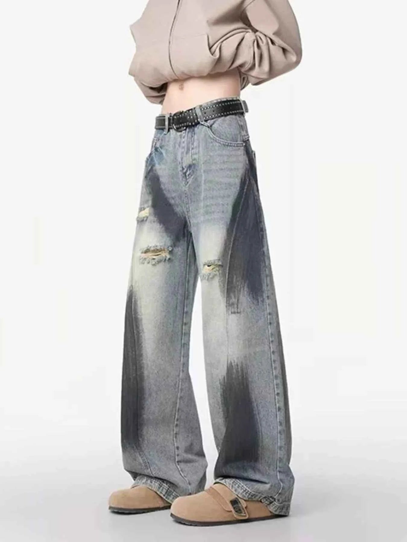 Men's Plus Size Distressed Wide Leg Jeans Trendsi