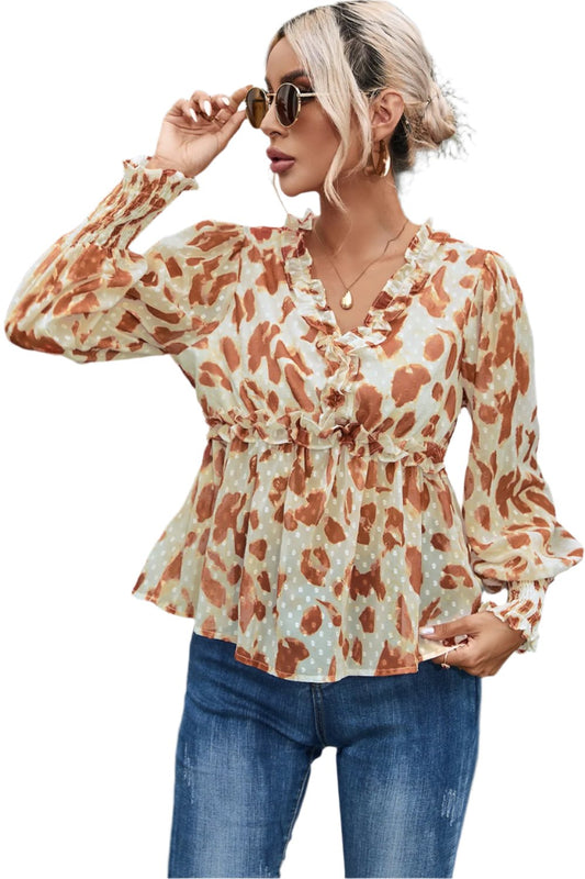 TEEK - Tan Frill V-Neck Lantern Sleeve Blouse TOPS TEEK Trend S  