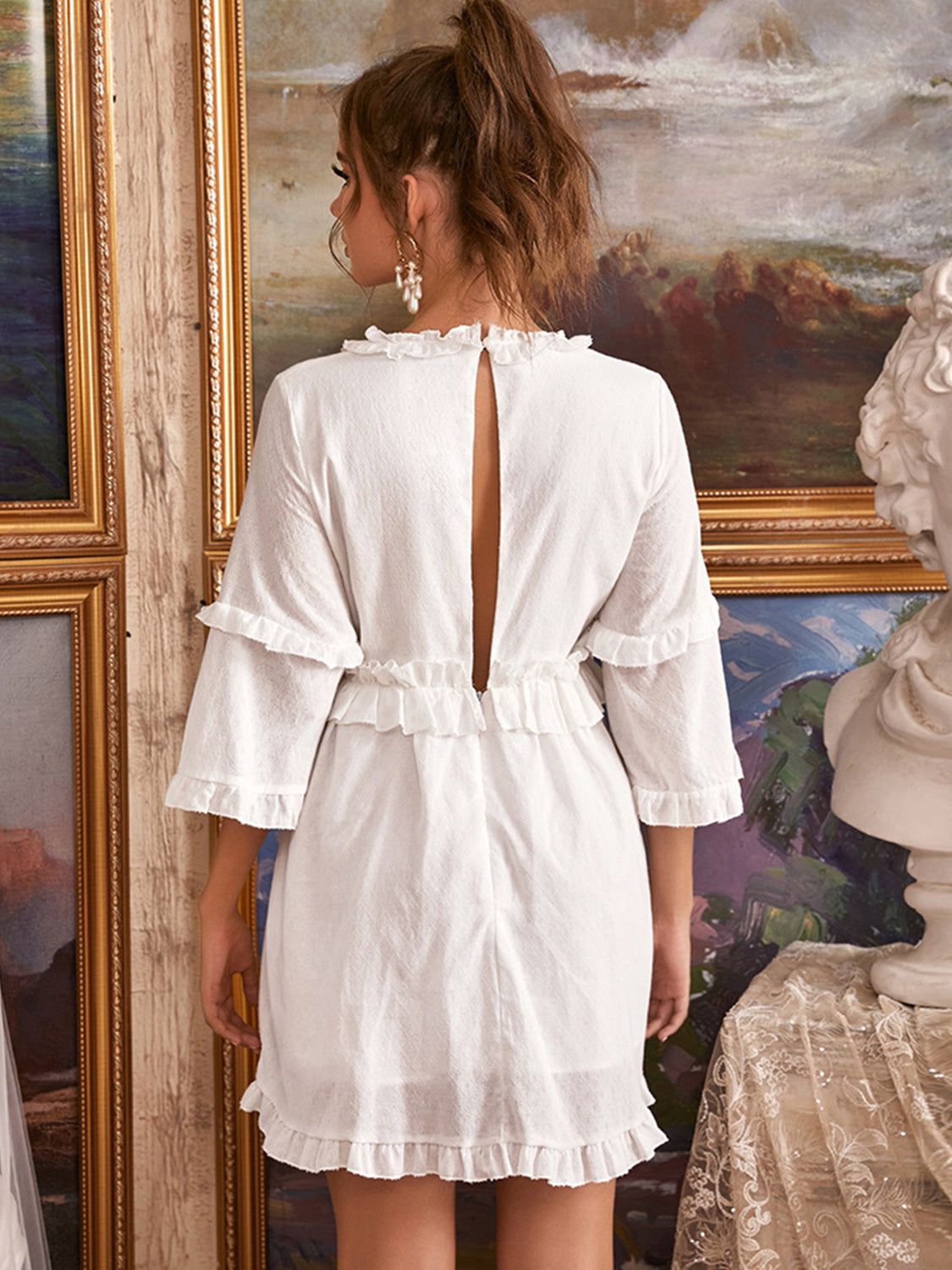 TEEK - White Ruffled V-Neck Mini Dress DRESS TEEK Trend   