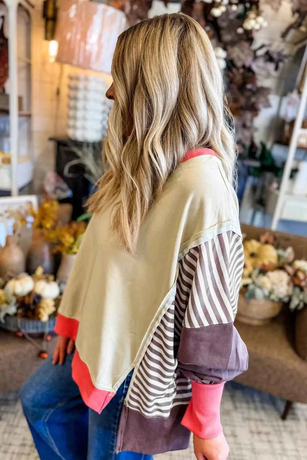 TEEK - Color Block Striped Patchwork Dolman Slit Sweatshirt TOPS TEEK Trend