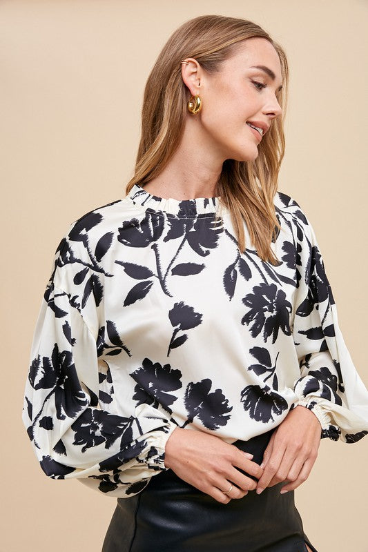 TEEK - White Frill Printed Balloon Sleeve Blouse TOPS TEEK Trend