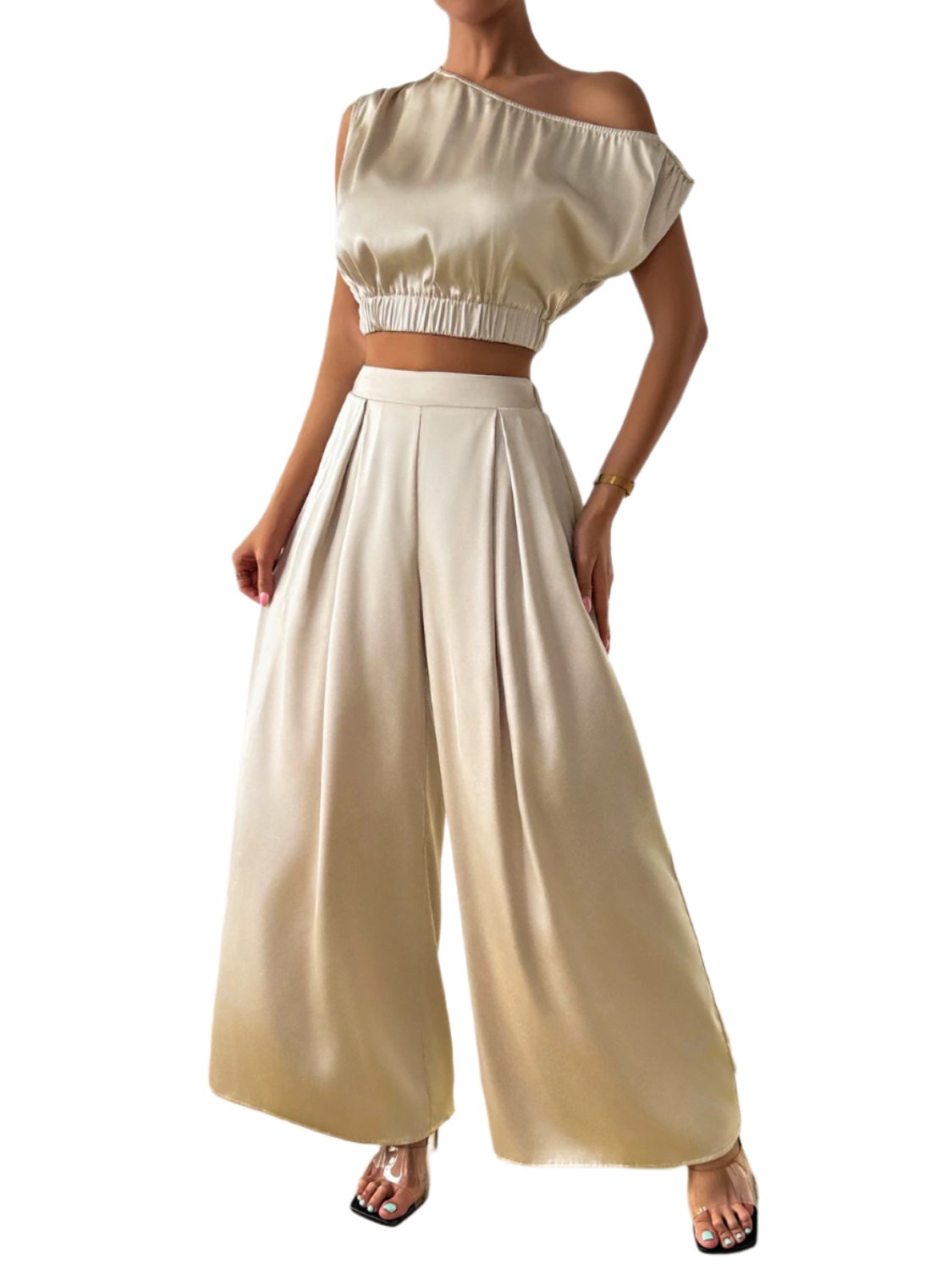 TEEK - Khaki One Shoulder Short Sleeve Top Wide Leg Pants Set SET TEEK Trend   