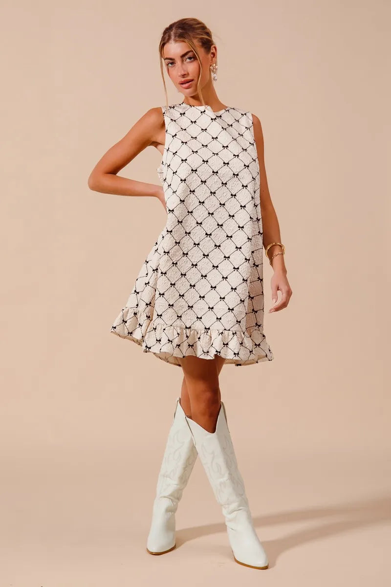 TEEK - Ivory Texture Bow Print Ruffle Dress DRESS TEEK Trend