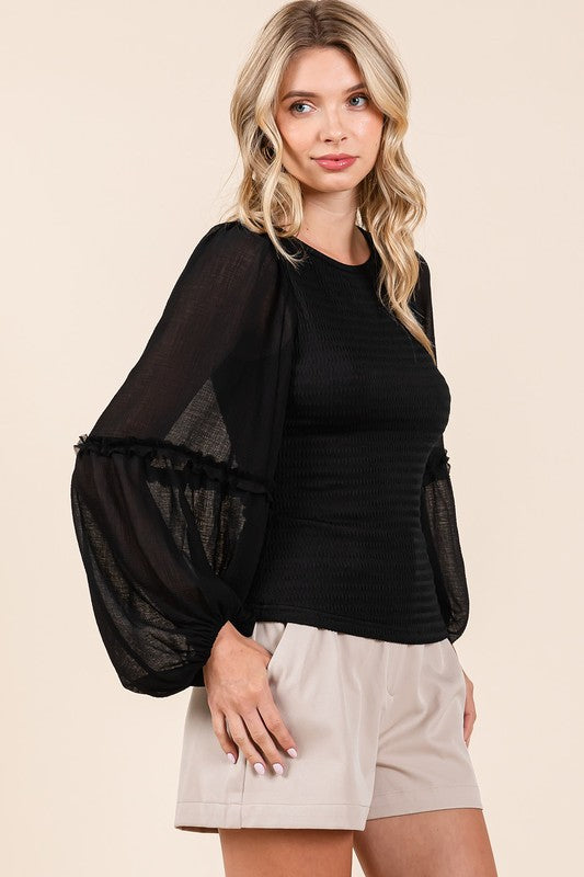 TEEK - Black Mixed Texture Knit Chiffon Long Sleeve Top TOPS TEEK Trend