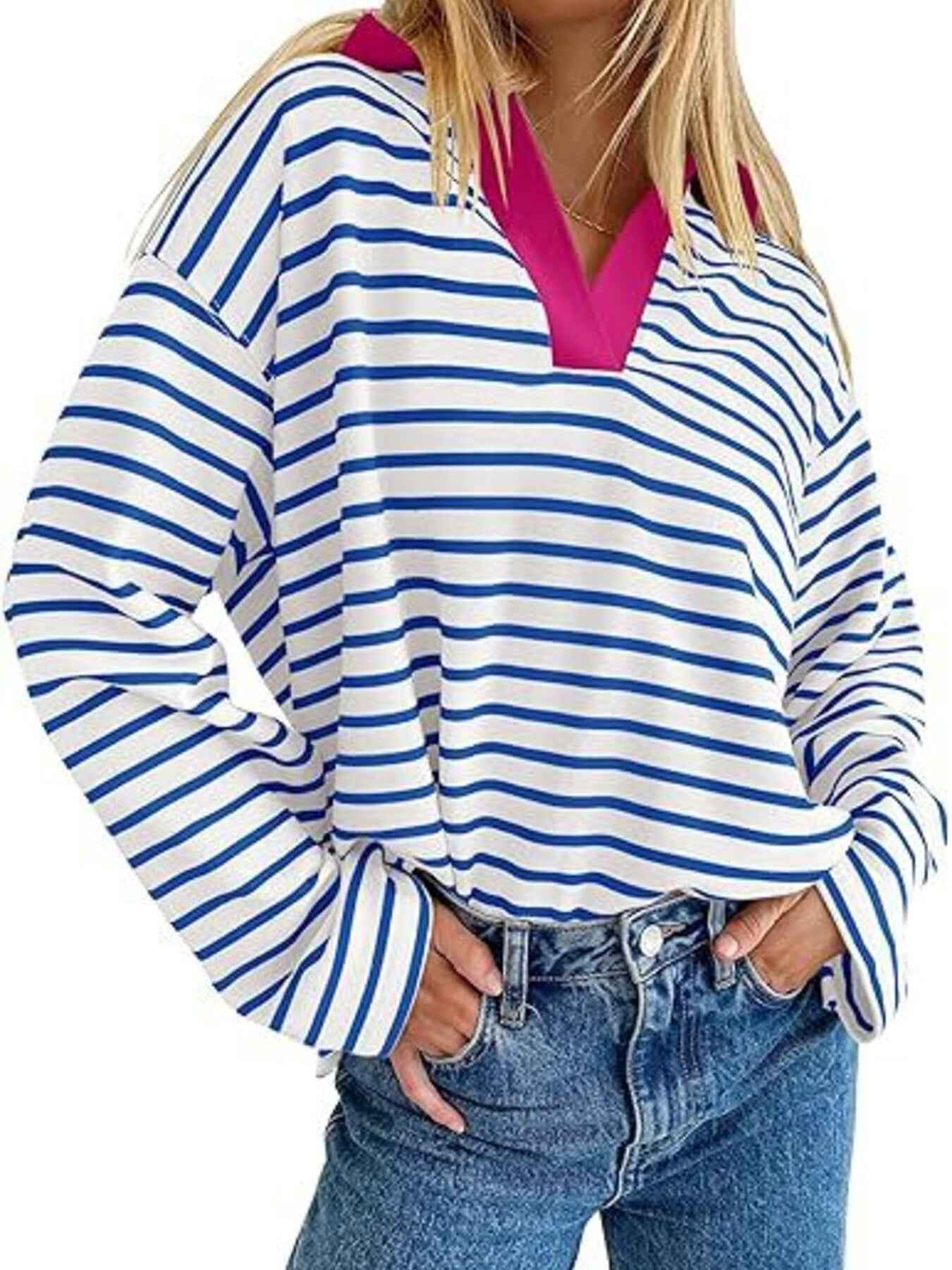 Striped Contrast Collar Long Sleeve Top Trendsi Blue S