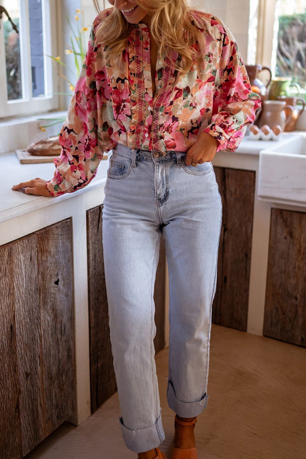 TEEK - Pink Frill Floral Button Down Long Sleeve Shirt TOPS TEEK Trend