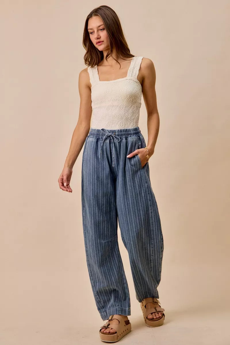 TEEK - Striped Denim Barrel Jeans Drawstring Waistband JEANS TEEK Trend