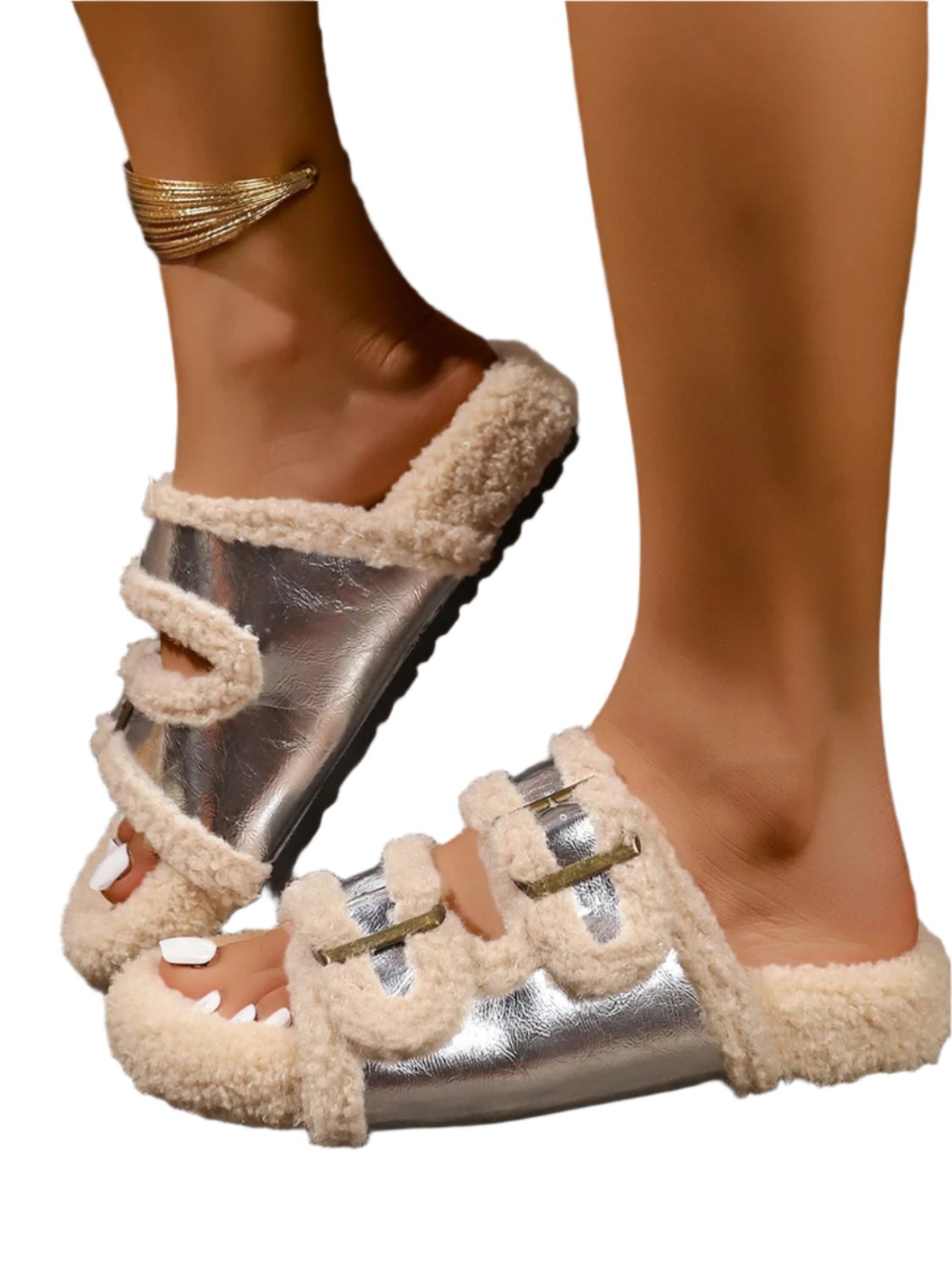 TEEK - Faux Fur Contrast Open Toe Slippers SHOES TEEK Trend Silver 35(US5.5)