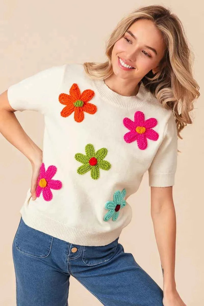 TEEK - Crochet Flower Patch Sweater Top TOPS TEEK Trend