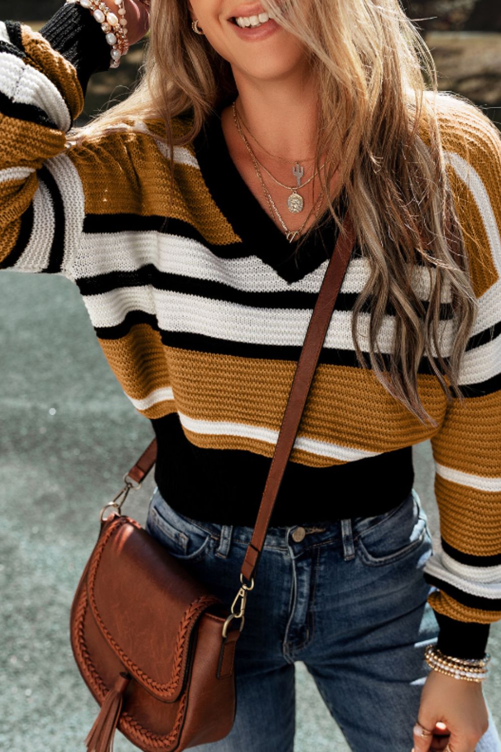 TEEK - Brown Contrast Stripes V Neck Long Sleeve Sweater TOPS TEEK Trend