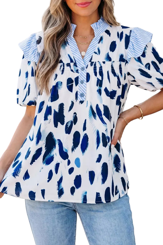 Abstract Animal Print Striped Ruffle Trim V Neck Blouse Trendsi Light Blue S