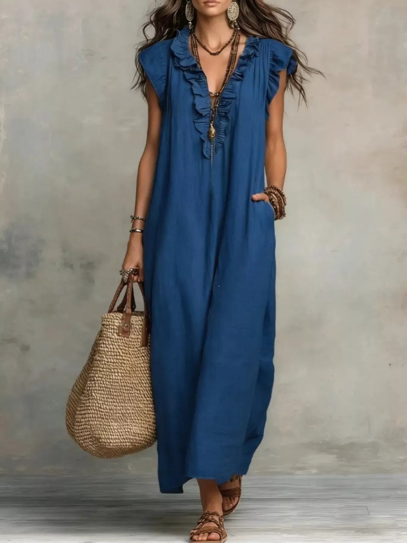 TEEK - Ruffled V-Neck Cap Sleeve Maxi Dress DRESS TEEK Trend Blue S
