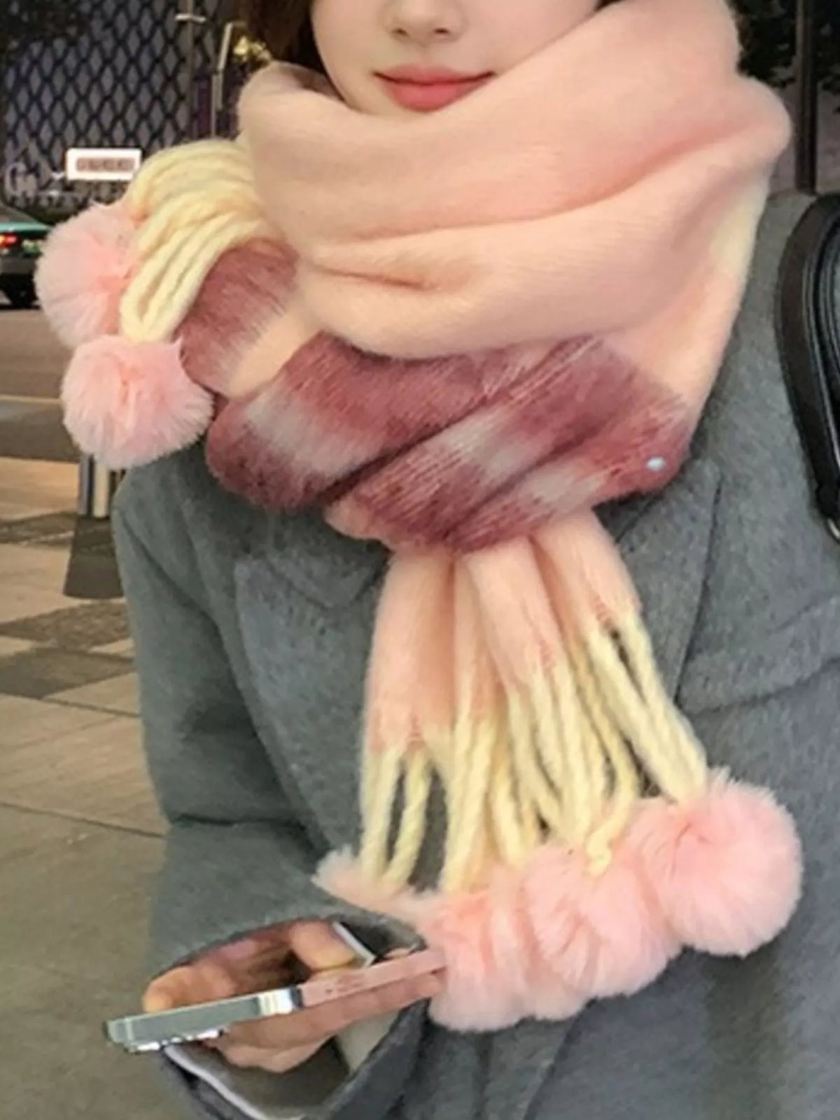 Striped Scarf with Pom-Poms Trendsi