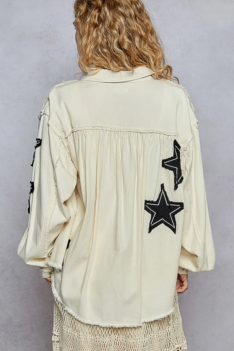 TEEK - Cream Star Patch Raw Hem Button Up Denim Jacket JACKET TEEK Trend