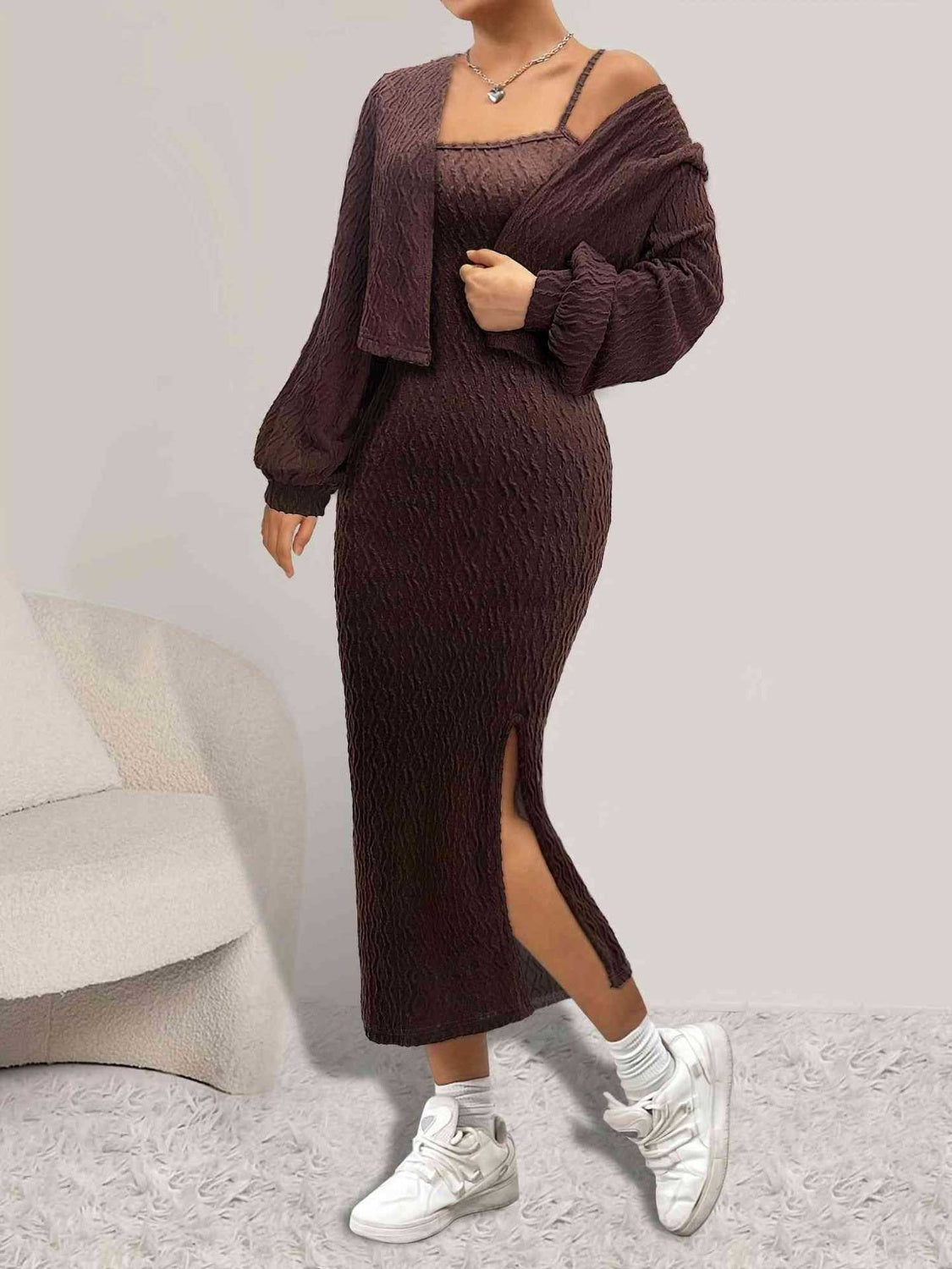 TEEK - Brown Long Sleeve Cardigan Side Slit Cami Dress Set SET TEEK Trend