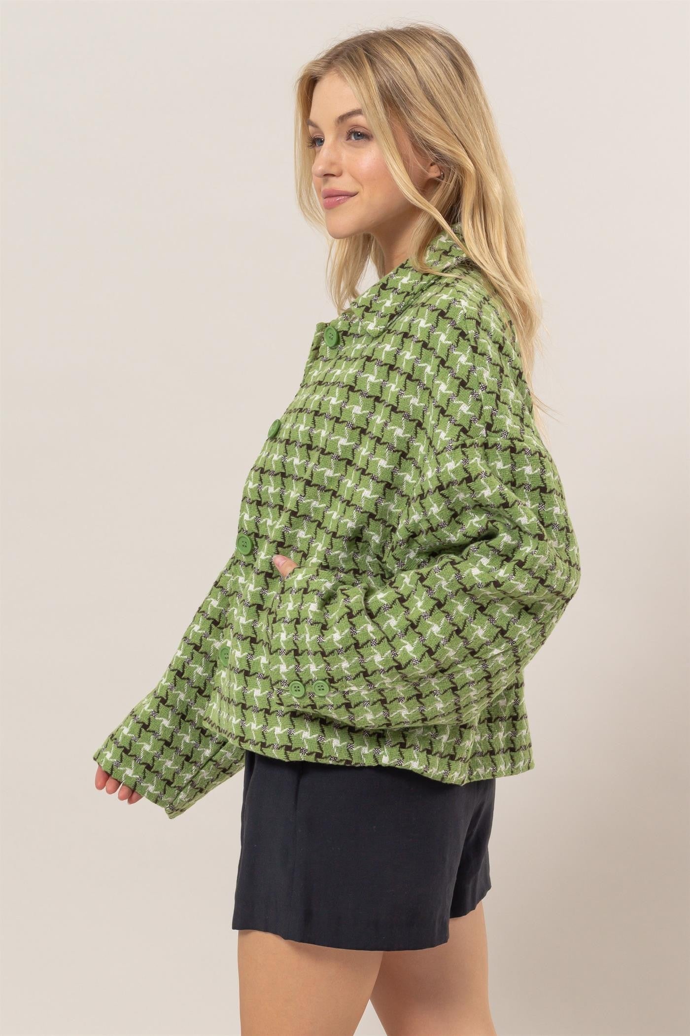 TEEK - Green Tweed Plaid Button Up Collared Neck Jacket TEEK Trend