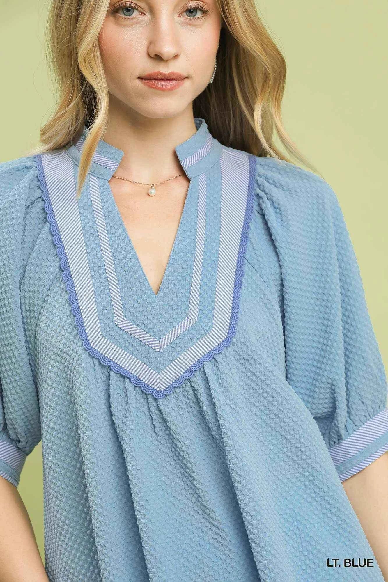 Umgee Textured Jacquard Contrast Trim Top Trendsi