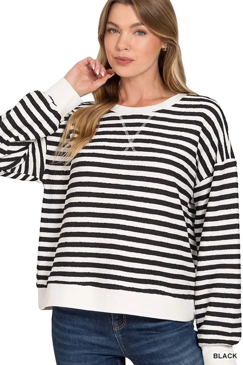 TEEK - Striped Round Neck Sweatshirt TOPS TEEK Trend BLACK S