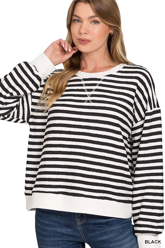 TEEK - Striped Round Neck Sweatshirt TOPS TEEK Trend BLACK S