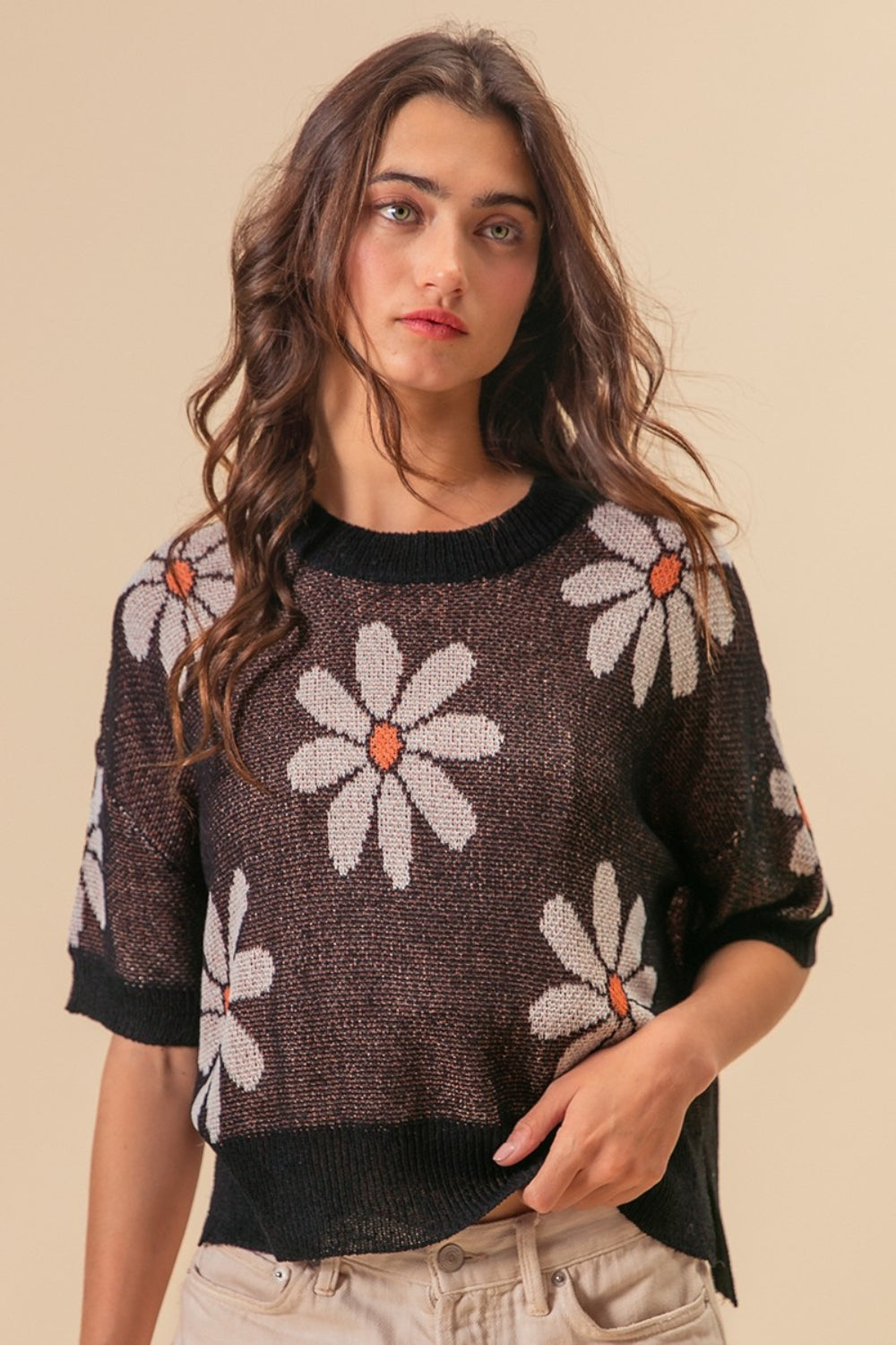 TEEK - Black Ivory Floral Pattern Slit Sweater SWEATER TEEK Trend   